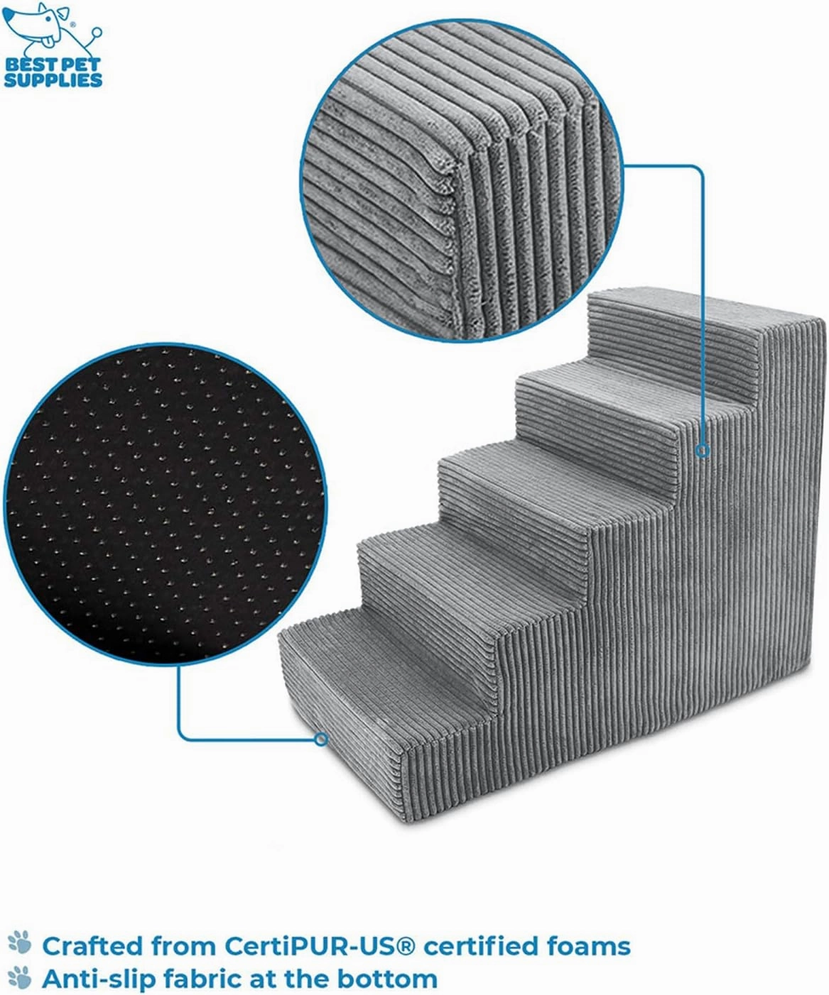 Best Pet Supplies Dog Stairs & Steps - Foam Steps for Small Dogs & Cats, Non-Slip Indoor Balanced Pet Step Support, Dog Ramp, No Assembly, Gray, 5-Step (22.5-inch Height)