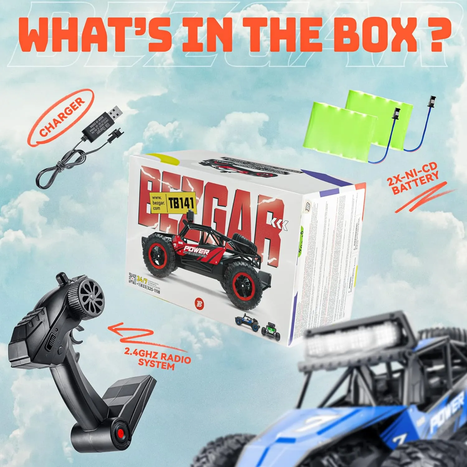 BEZGAR TB141 RC Cars-1:14 Scale Remote Control Car, 2WD High Speed 20 Km/h Electric Toy Off Road RC Car Vehicle Truck Crawler with LED Headlight and Two Rechargeable Batteries for Kids and Adults