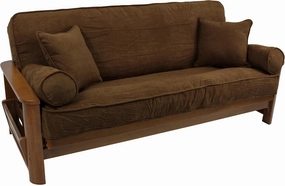 Blazing Needles Solid Microsuede Double Corded 8" to 9" Futon Cover Set with 4 Throw Pillows (Set of 5), Full, Chocolate