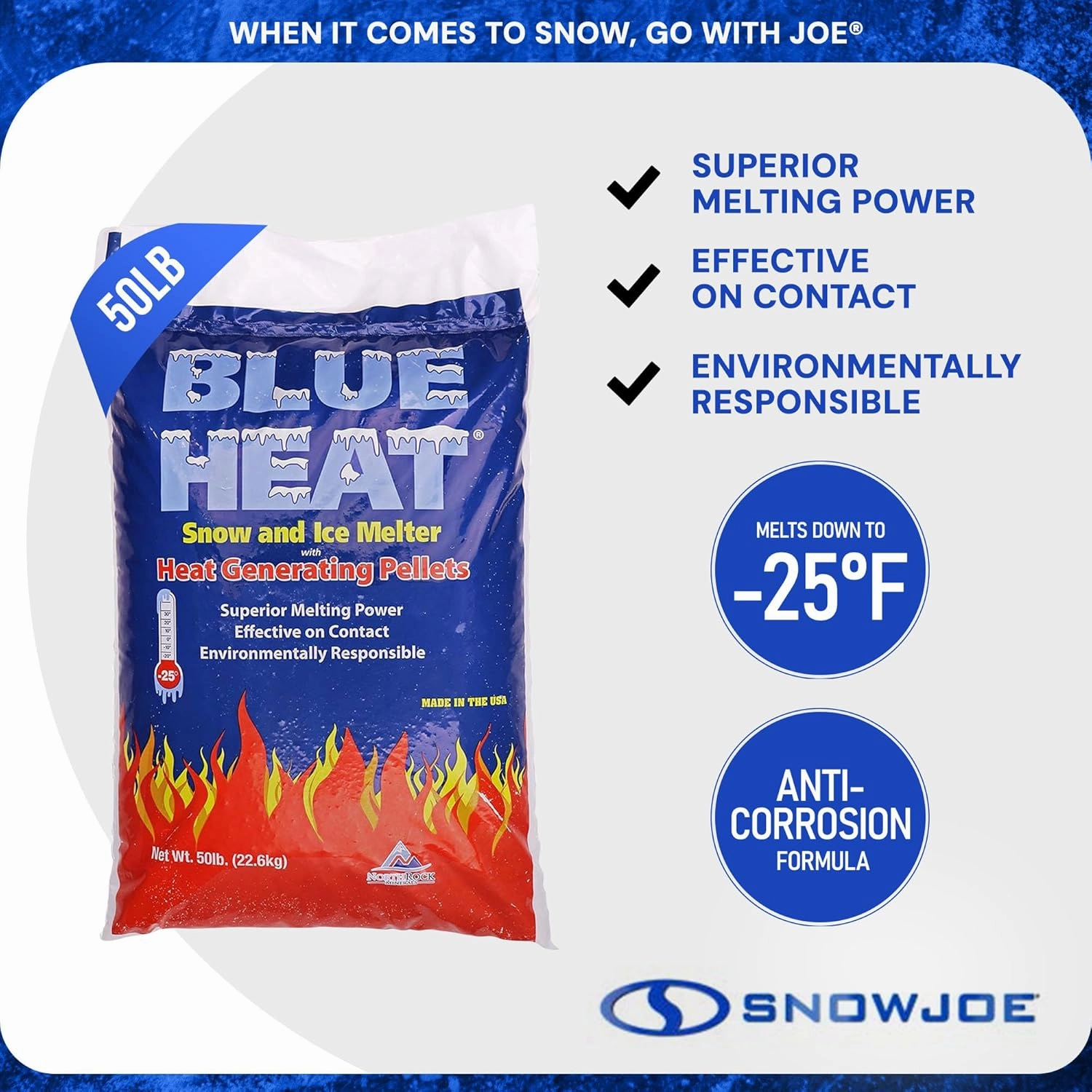 Blue Heat Ice Melt Pellets, Calcium Blend Deicer Snow Melter for Driveway 50 lb, Blue