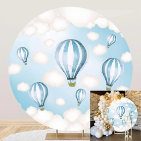 Blue Hot Air Balloon Round Backdrop Cover 7.2x7.2ft Polyester Fantasy Cartoon Fairy Tale World Blue Sky White Clouds Sky Adventure Photo Background Kids Boys Baby Shower Birthday Party Props