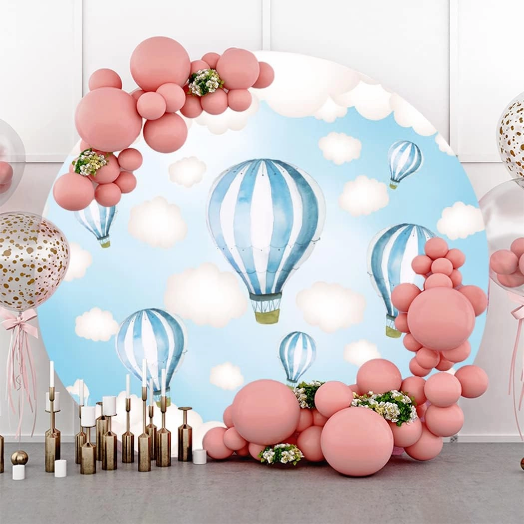 Blue Hot Air Balloon Round Backdrop Cover 7.2x7.2ft Polyester Fantasy Cartoon Fairy Tale World Blue Sky White Clouds Sky Adventure Photo Background Kids Boys Baby Shower Birthday Party Props