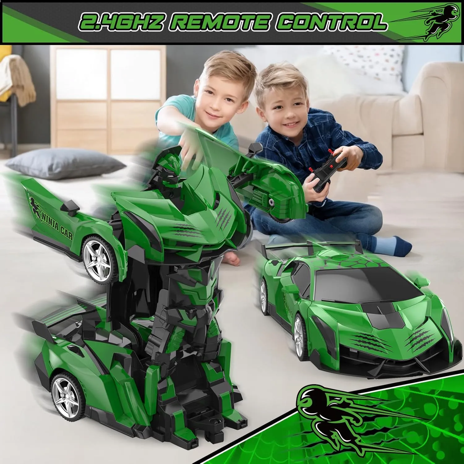 BLUEJAY Transform Rc Cars for Boys 4-7 8-12, 2.4Ghz Remote Control Car 1:18 Scale Transforming Robot, One-Button Deformation 360° Rotation Car Toy Gifts for Boys 3-5 (Turtle)