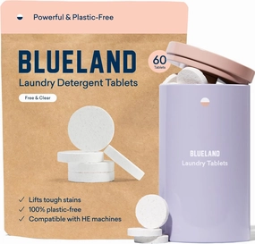 BLUELAND Laundry Detergent Tablets, Starter Set, 60 Count with Tin, Plastic-Free Eco-Friendly Pods, Sheets, Liquid Alternative - Fragrance Free and Clear, Natural, Gentle
