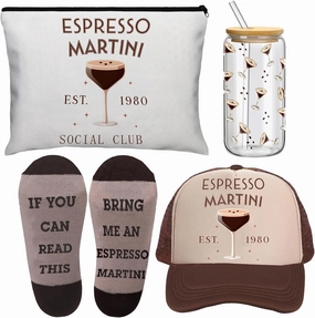 Boao 4 Pcs Espresso Martini Gift Sets with Glass Cup Socks Cosmetic Bag Hat Stuff Martini Birthday Gifts for Espresso Bachelorette Bridal Shower Party