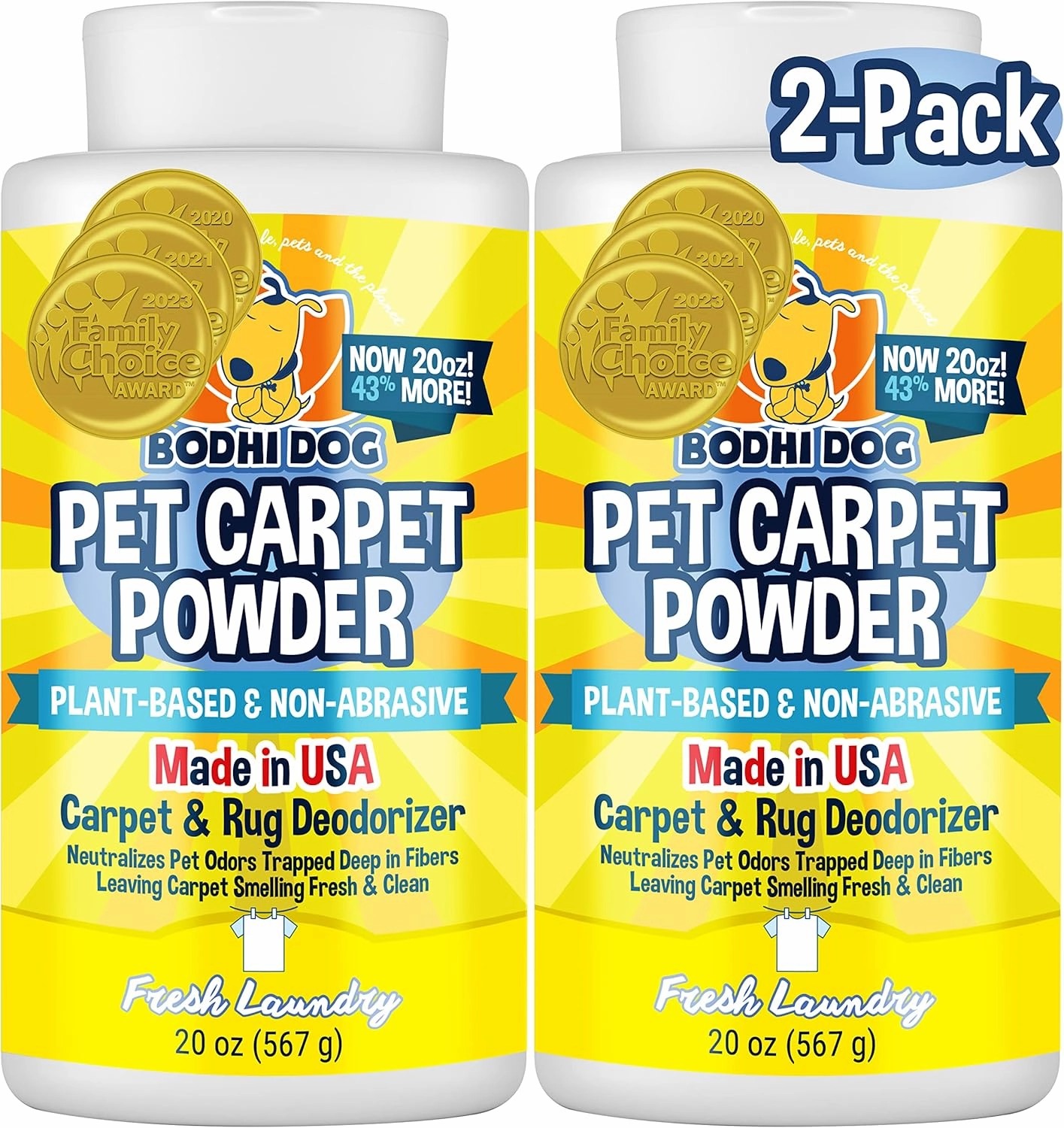 Bodhi Dog Natural Carpet Powder - Dry Pet Smell Eliminator & Urine Odor Remover - Loosens Fur & Dirt - Plant-Based and Biodegradable Room Freshener for Home with Pets - Fresh Laundry (Pack of 2)