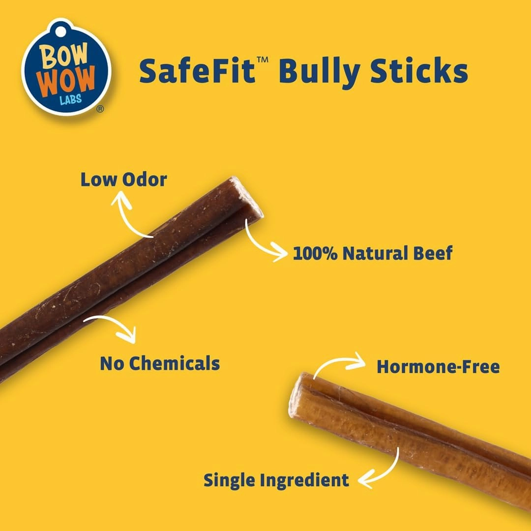 Bow Wow Labs 6" Bully Sticks for Dogs | 100% All Natural, Grass-Fed, Free-Range Beef | Low Odor | Long Lasting Chews | SafeFit | 10 Pack (Thick)