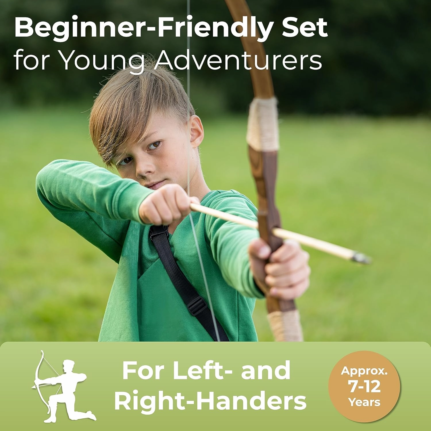 BOWRILLA® Wooden Bow and Arrow for Kids with 10 Arrows, Quiver, 3 Targets & Storage Bag | Kids Bow and Arrow Set for Right- and Left-Handers | Indoor and Outdoor Toys for Children Boys & Girls