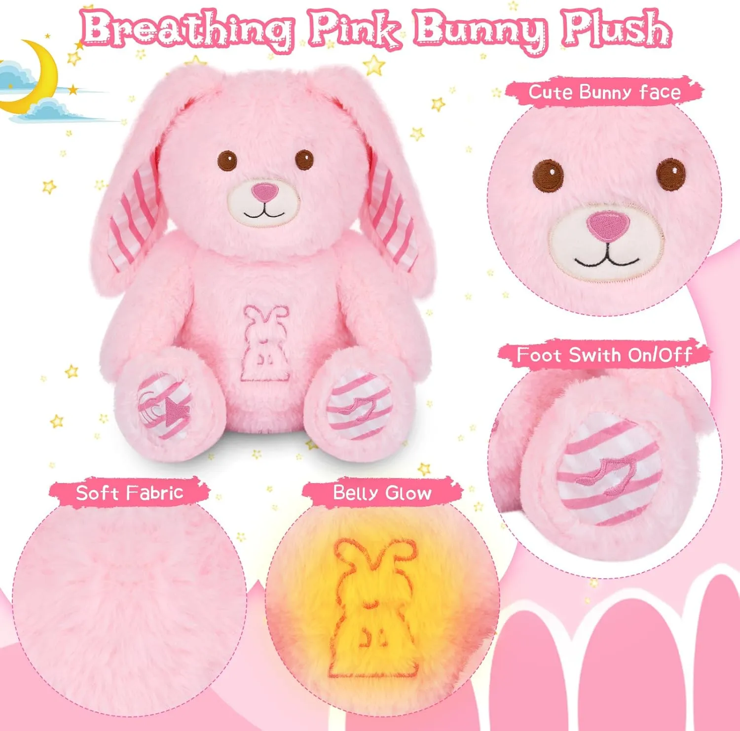 Breathing Stuffed Animal - 13" Pink Bunny Plush Baby Toy, Soothing Sound Machine with Music Lights & Breathing Motion for Kids Boys Girls