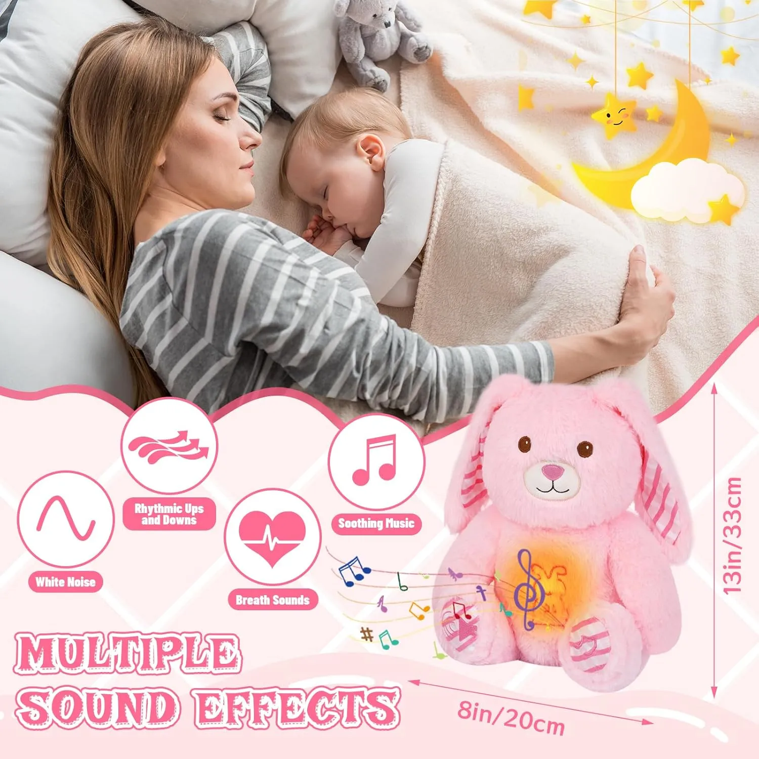 Breathing Stuffed Animal - 13" Pink Bunny Plush Baby Toy, Soothing Sound Machine with Music Lights & Breathing Motion for Kids Boys Girls