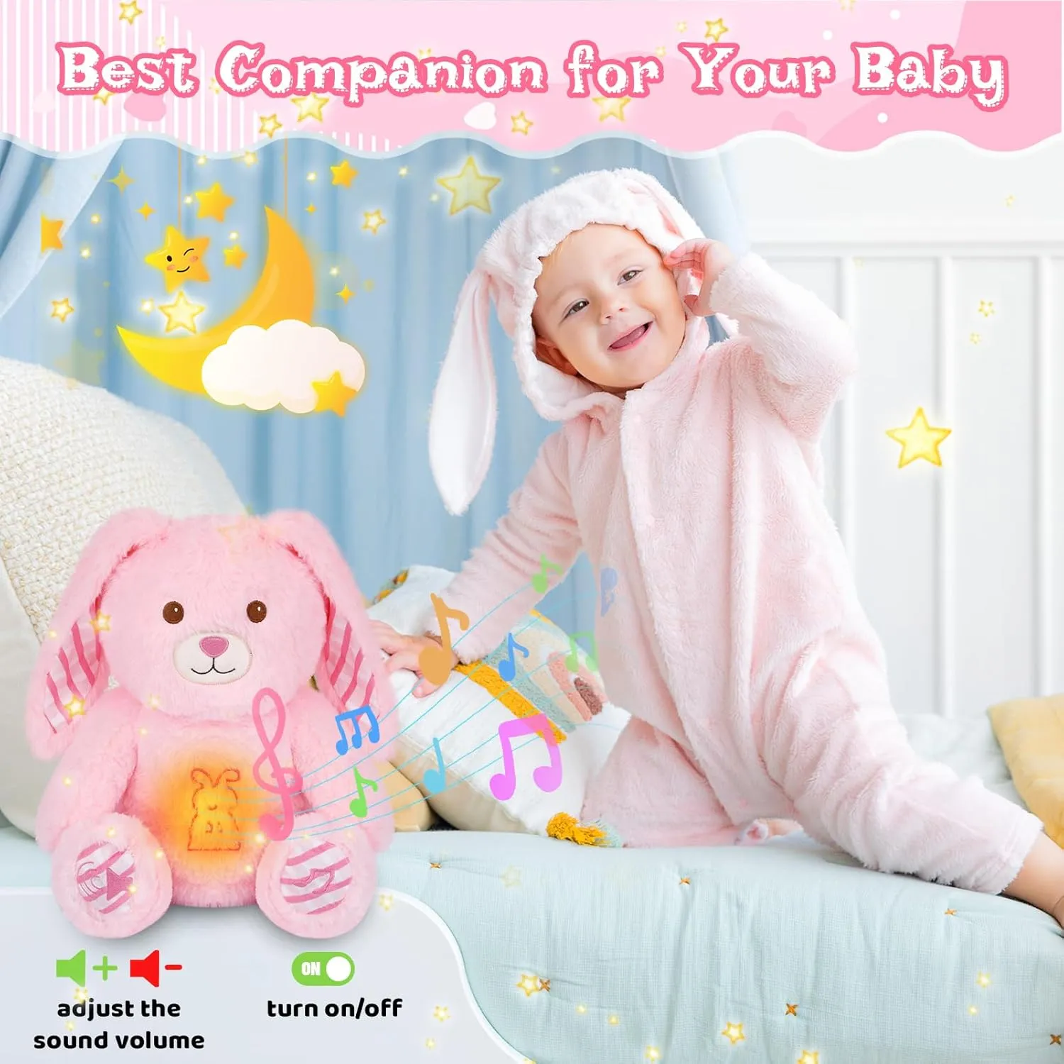 Breathing Stuffed Animal - 13" Pink Bunny Plush Baby Toy, Soothing Sound Machine with Music Lights & Breathing Motion for Kids Boys Girls