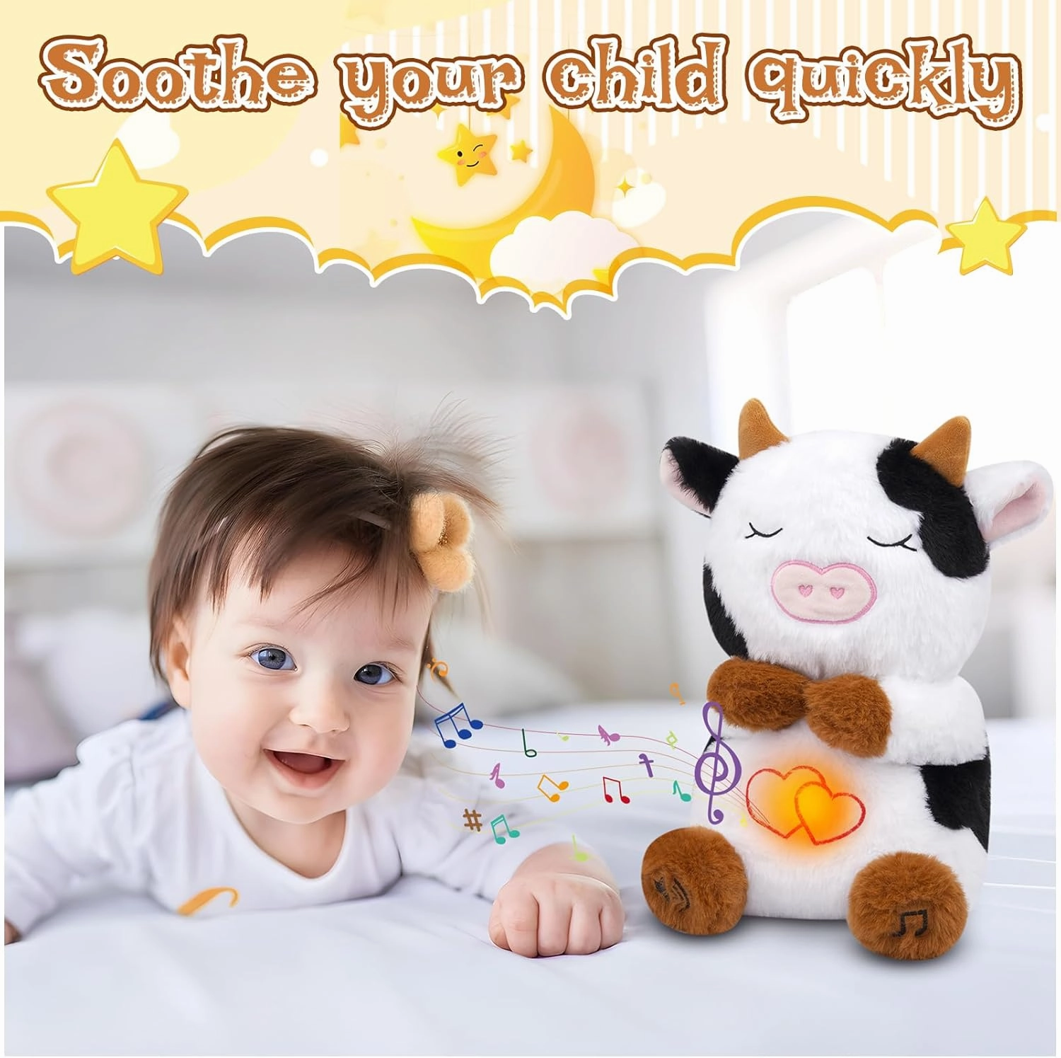Breathing Cow Stuffed Animal, 11inch Cow Plush Soothing Stuffed Animal with Calming Music, Lights, Soft Breathing Sleeping Plush for Kids, Adult (3-Levels Mode & Volume)
