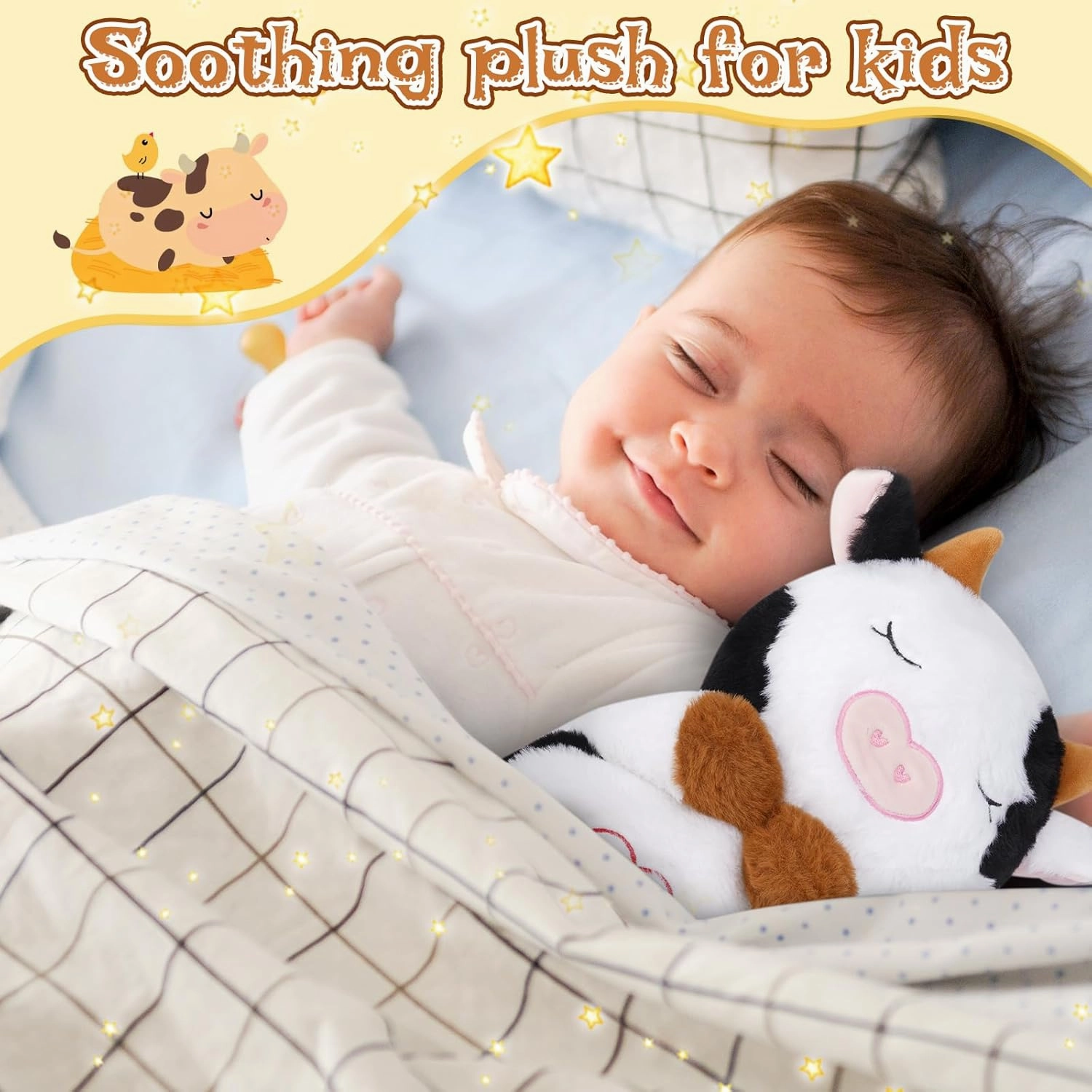 Breathing Cow Stuffed Animal, 11inch Cow Plush Soothing Stuffed Animal with Calming Music, Lights, Soft Breathing Sleeping Plush for Kids, Adult (3-Levels Mode & Volume)