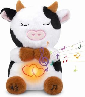 Breathing Cow Stuffed Animal, 11inch Cow Plush Soothing Stuffed Animal with Calming Music, Lights, Soft Breathing Sleeping Plush for Kids, Adult (3-Levels Mode & Volume)