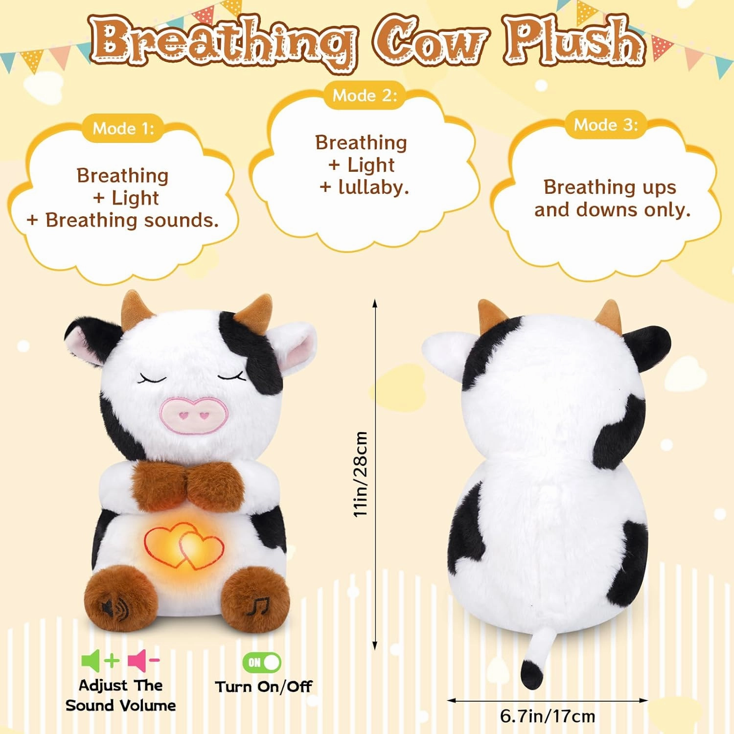 Breathing Cow Stuffed Animal, 11inch Cow Plush Soothing Stuffed Animal with Calming Music, Lights, Soft Breathing Sleeping Plush for Kids, Adult (3-Levels Mode & Volume)