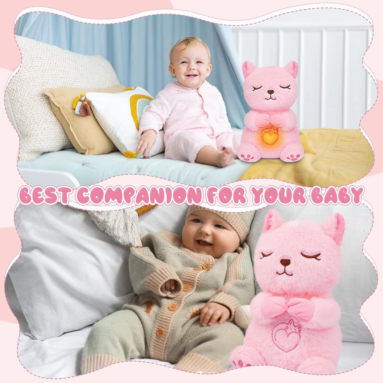 Breathing Stuffed Animal, Pink Cat Plush Baby Toy, Soothing Sound Machine with Music Lights & Breathing Motion for Kids Boys Girls