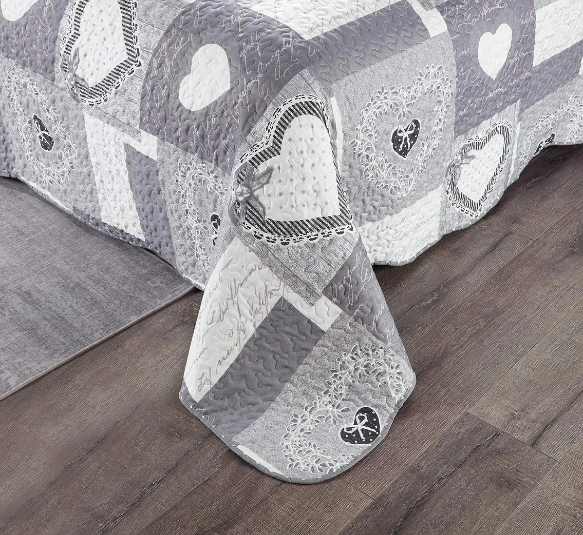 Brilliant Sunshine Heart Love Quilt Set, 2-Piece Bedding Sets with 1 Sham, Patchwork Design, Washable and Reversible Bedspread, Soft Lightweight Coverlet, All-Season, Twin/Twin XL, Grey