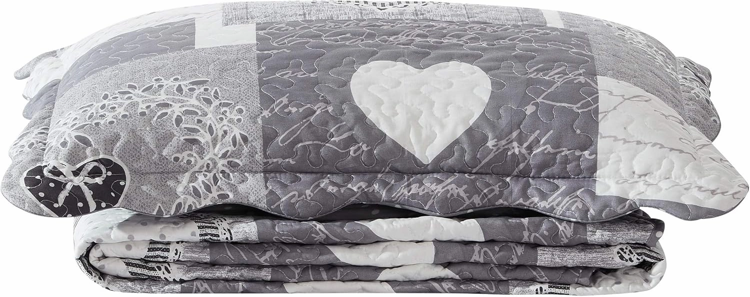 Brilliant Sunshine Heart Love Quilt Set, 2-Piece Bedding Sets with 1 Sham, Patchwork Design, Washable and Reversible Bedspread, Soft Lightweight Coverlet, All-Season, Twin/Twin XL, Grey