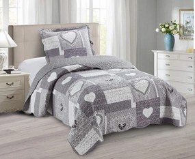 Brilliant Sunshine Heart Love Quilt Set, 2-Piece Bedding Sets with 1 Sham, Patchwork Design, Washable and Reversible Bedspread, Soft Lightweight Coverlet, All-Season, Twin/Twin XL, Grey