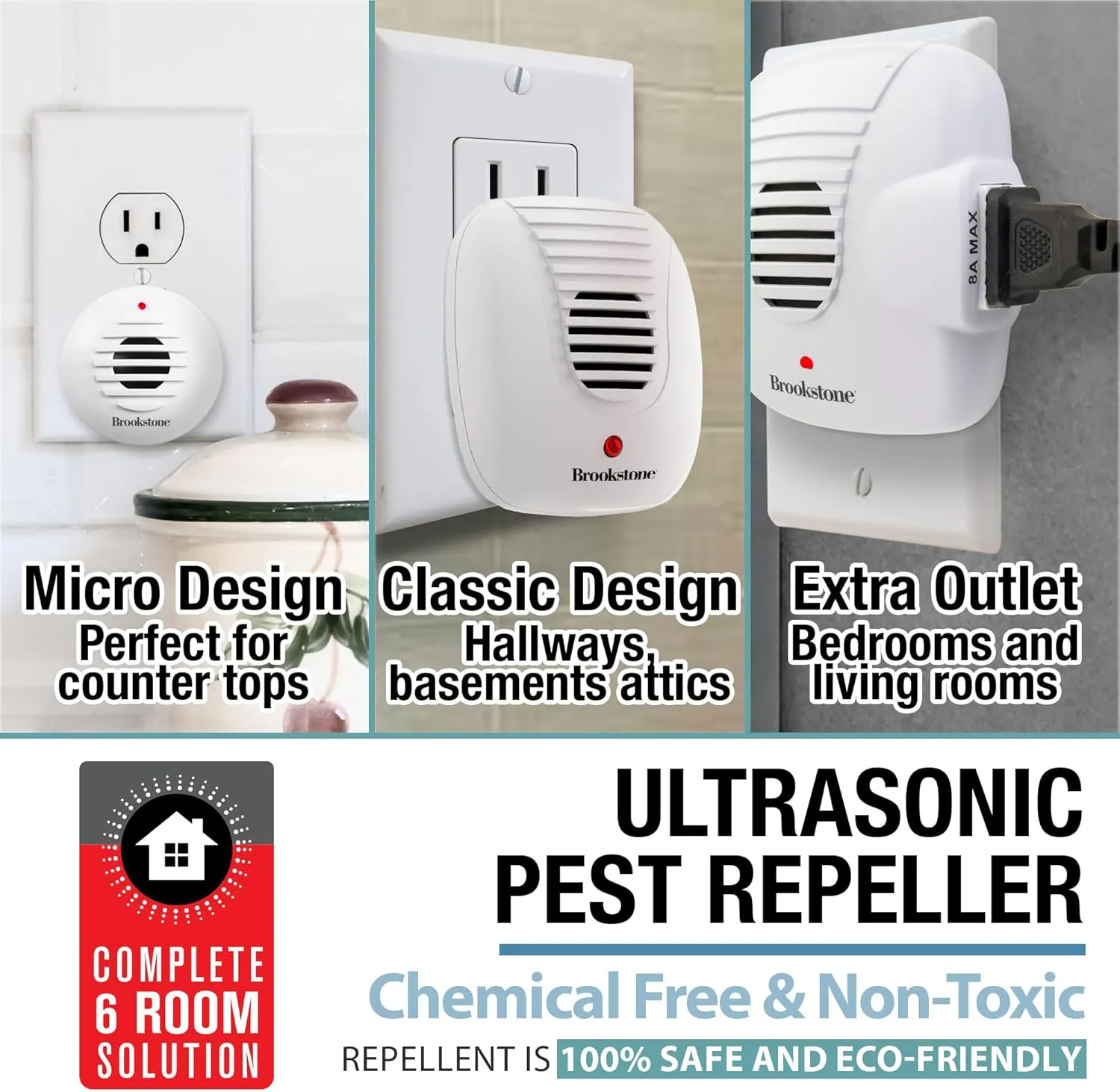 Brookstone Ultrasonic Pest Repeller - Pack Size: 6 - Safe & Effective Chemical Free Pest Deterrent for Home
