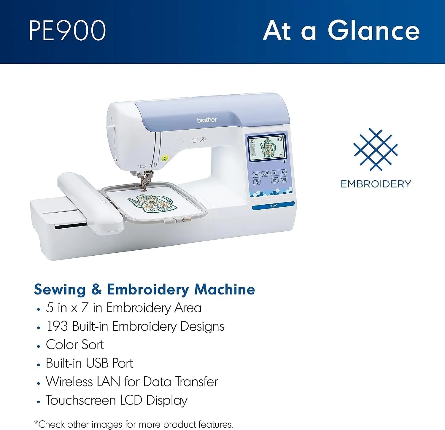 Brother PE900 Embroidery Machine with WLAN and 4"x7" Magnetic Embroidery Hoop Frame