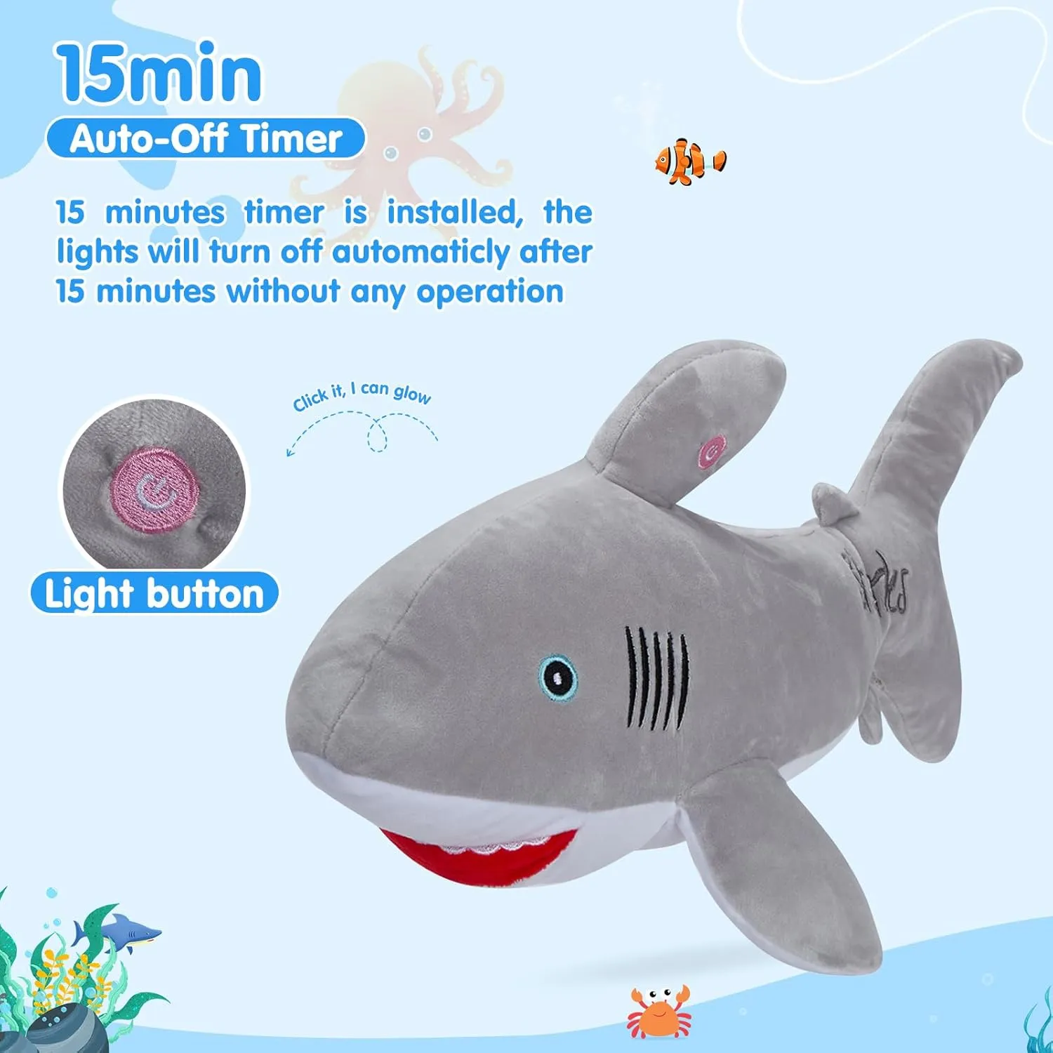 BSTAOFY 20'' Light up Shark Stuffed Animal Glow Soft Plush Toys Ocean Species LED Night Lights Birthday Valentines Christmas for Toddler Kids, Gray