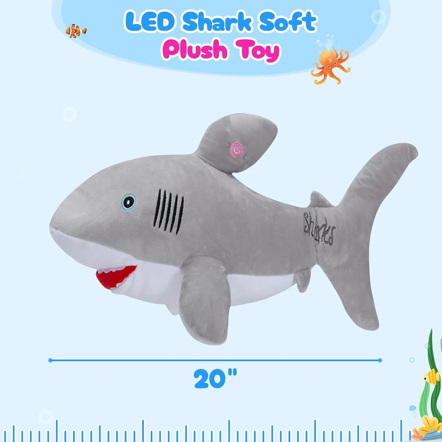 BSTAOFY 20'' Light up Shark Stuffed Animal Glow Soft Plush Toys Ocean Species LED Night Lights Birthday Valentines Christmas for Toddler Kids, Gray