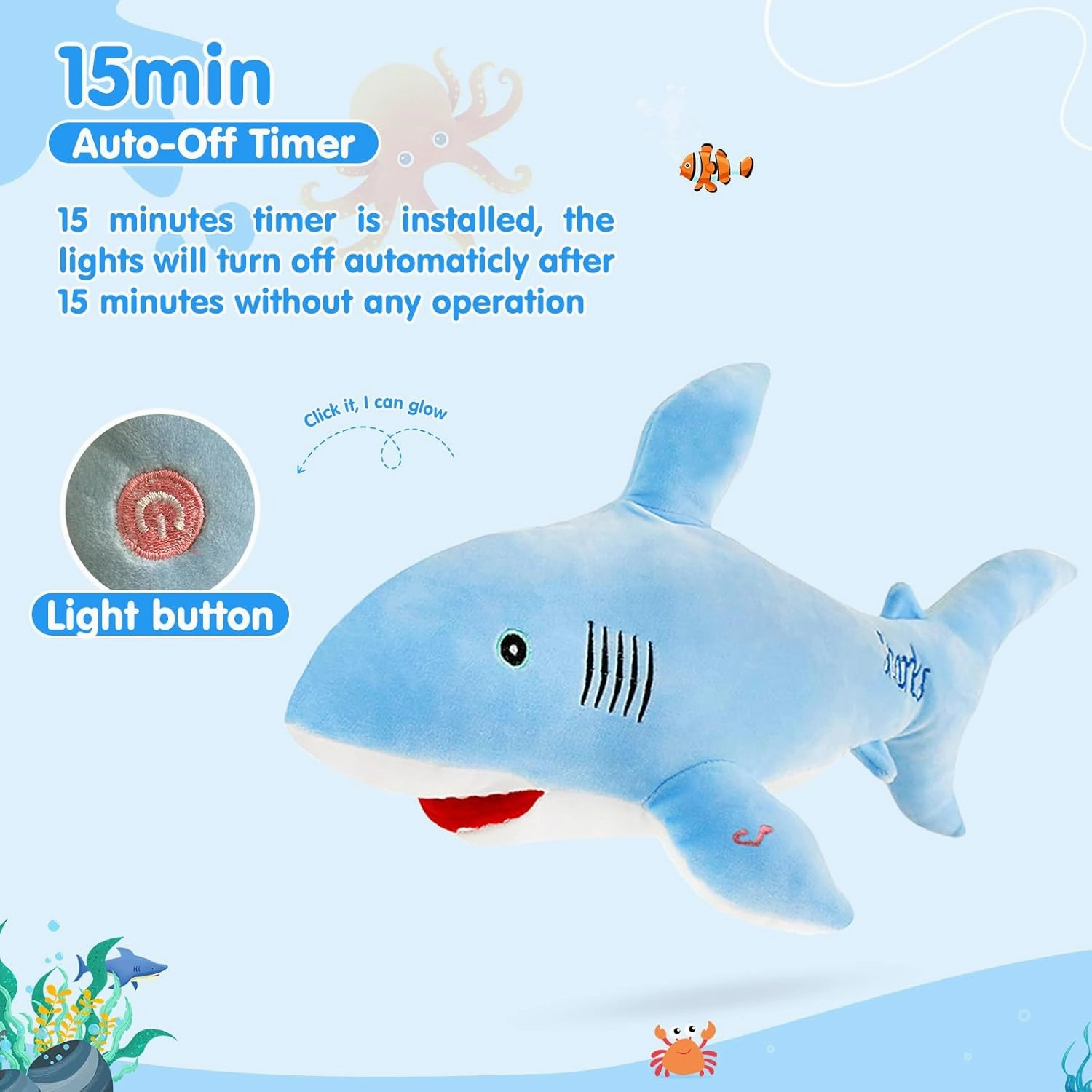 BSTAOFY 20'' LED Shark Soft Plush Toy Night Light Up Stuffed Animal Ocean Life Luminous Glow in The Dark Bedtime Companion Gifts for Kids Friends Birthday Valentines Christmas Festivals, Blue