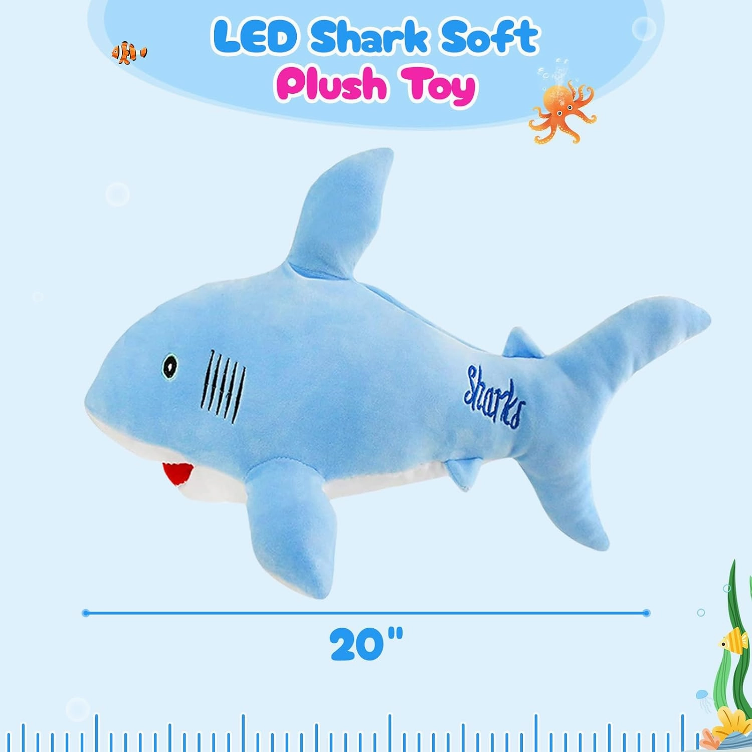 BSTAOFY 20'' LED Shark Soft Plush Toy Night Light Up Stuffed Animal Ocean Life Luminous Glow in The Dark Bedtime Companion Gifts for Kids Friends Birthday Valentines Christmas Festivals, Blue