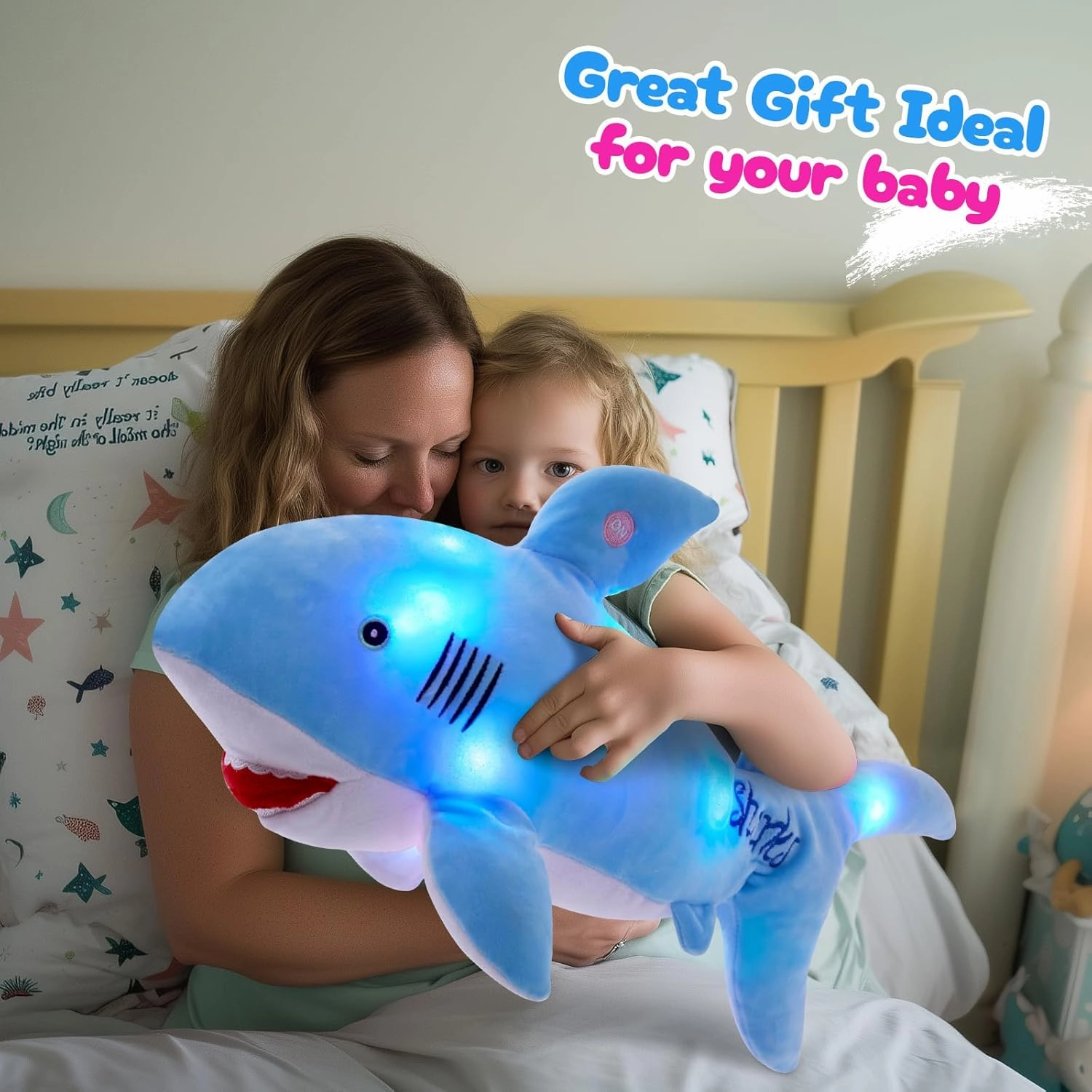 BSTAOFY 20'' LED Shark Soft Plush Toy Night Light Up Stuffed Animal Ocean Life Luminous Glow in The Dark Bedtime Companion Gifts for Kids Friends Birthday Valentines Christmas Festivals, Blue