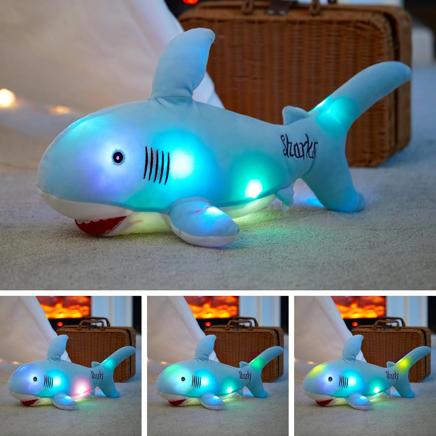 BSTAOFY 20'' LED Shark Soft Plush Toy Night Light Up Stuffed Animal Ocean Life Luminous Glow in The Dark Bedtime Companion Gifts for Kids Friends Birthday Valentines Christmas Festivals, Blue