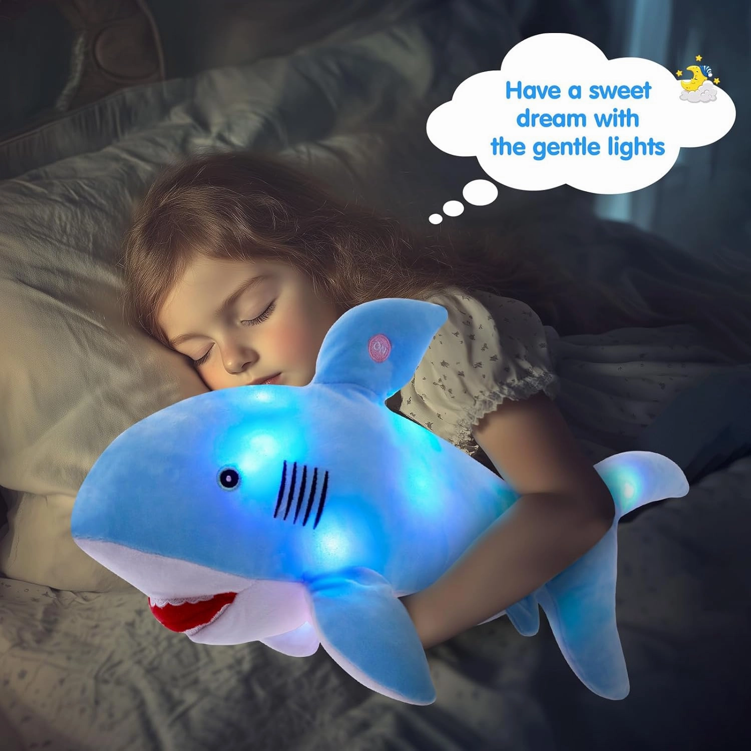 BSTAOFY 20'' LED Shark Soft Plush Toy Night Light Up Stuffed Animal Ocean Life Luminous Glow in The Dark Bedtime Companion Gifts for Kids Friends Birthday Valentines Christmas Festivals, Blue
