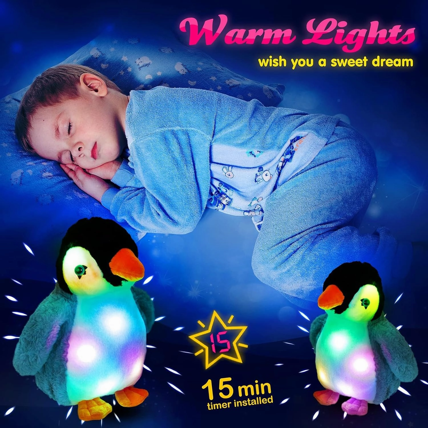 BSTAOFY Light up Penguin Stuffed Animal Glow Perky Adorable LED Floppy Plush Toy Nightlight Gift for Kids on Birthday Christmas Holiday, 11''