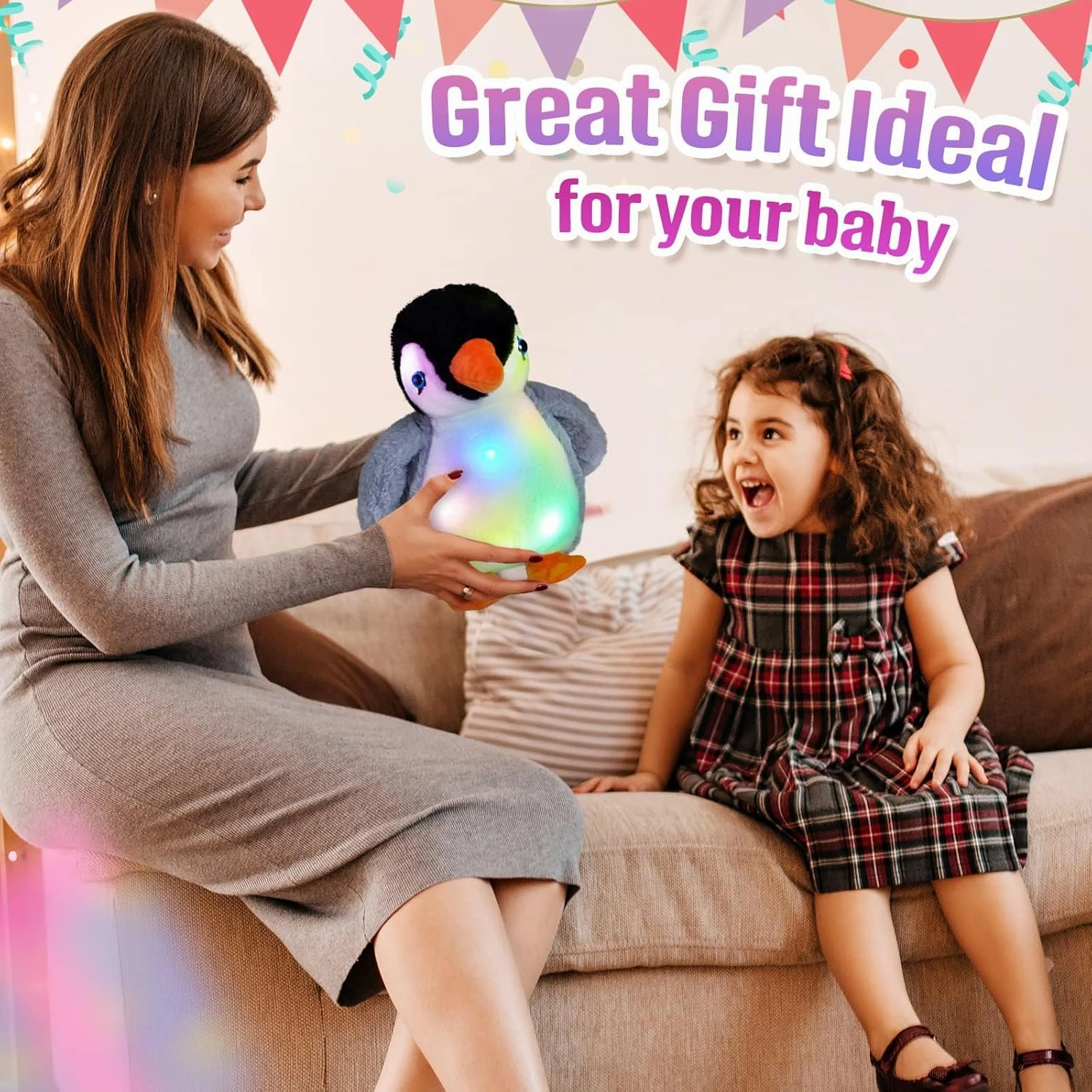 BSTAOFY Light up Penguin Stuffed Animal Glow Perky Adorable LED Floppy Plush Toy Nightlight Gift for Kids on Birthday Christmas Holiday, 11''