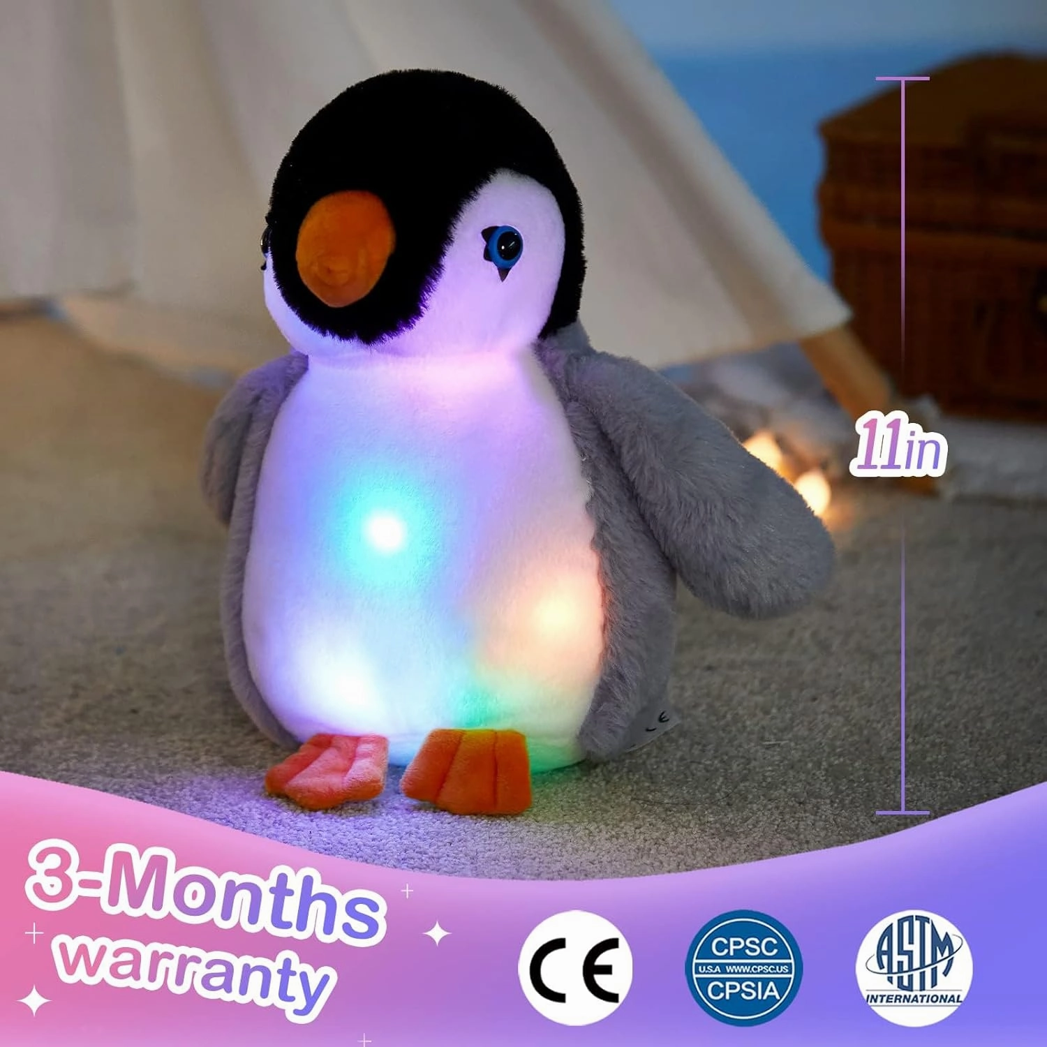 BSTAOFY Light up Penguin Stuffed Animal Glow Perky Adorable LED Floppy Plush Toy Nightlight Gift for Kids on Birthday Christmas Holiday, 11''