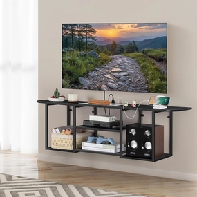 BTY Floating TV Shelf with Power Outlet, Black TV Console with USB Ports, Industrial Under TV Cabinet for 50 Inch TV, Modern Entertainment Center for Bedroom, Living Room