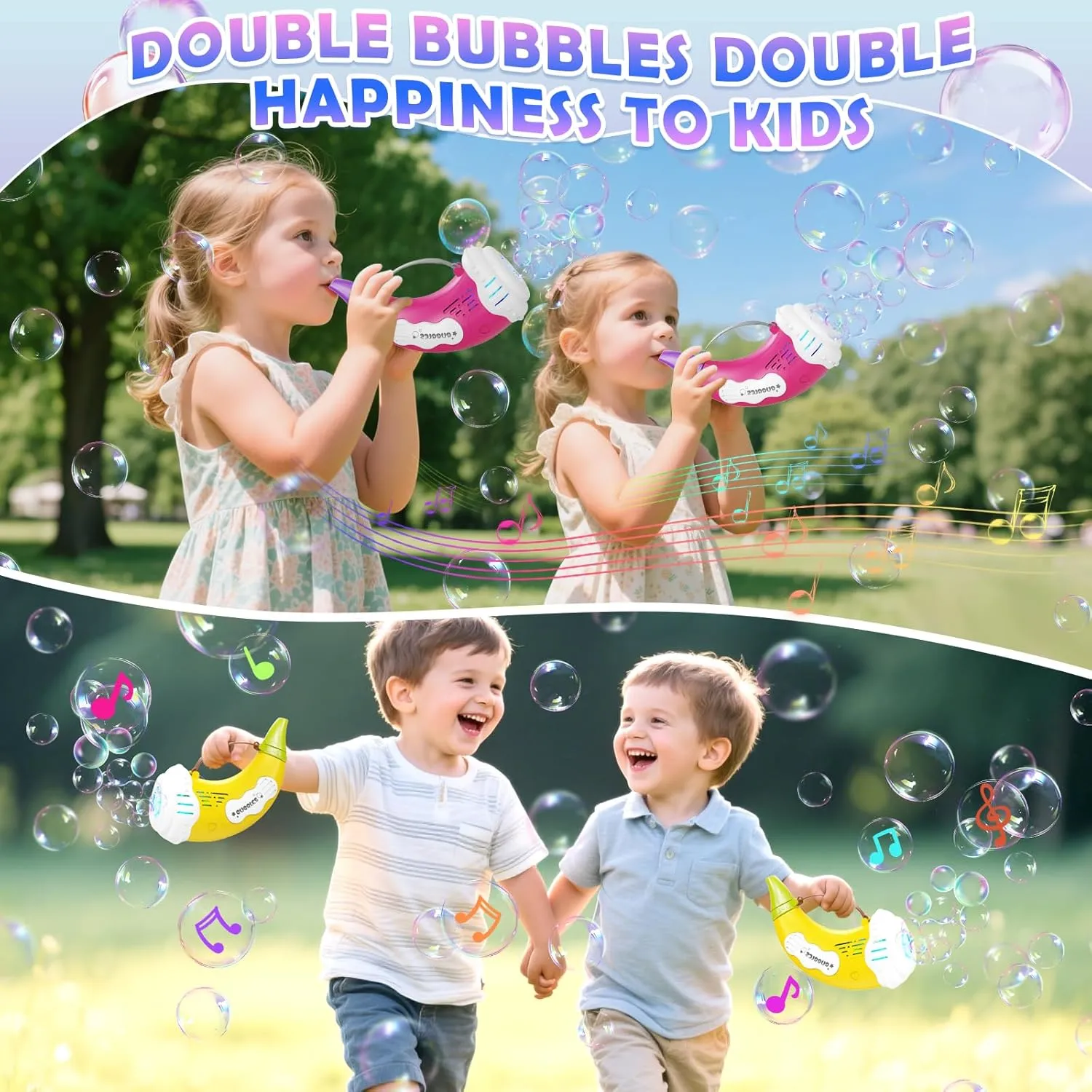 Bubble Machine Gun for Toddlers 2 Pack Horn Bubble Blower Wand Maker for Kids Outdoor Toys for 3-9 Year Old Boys Girls Rechargeable Music & Light with Bubble Solution Summer Outside Toy Birthday Gift