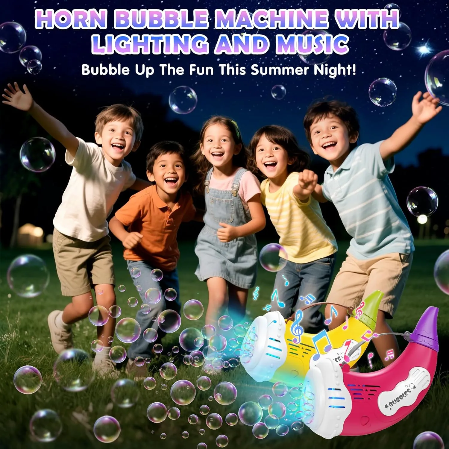 Bubble Machine Gun for Toddlers 2 Pack Horn Bubble Blower Wand Maker for Kids Outdoor Toys for 3-9 Year Old Boys Girls Rechargeable Music & Light with Bubble Solution Summer Outside Toy Birthday Gift