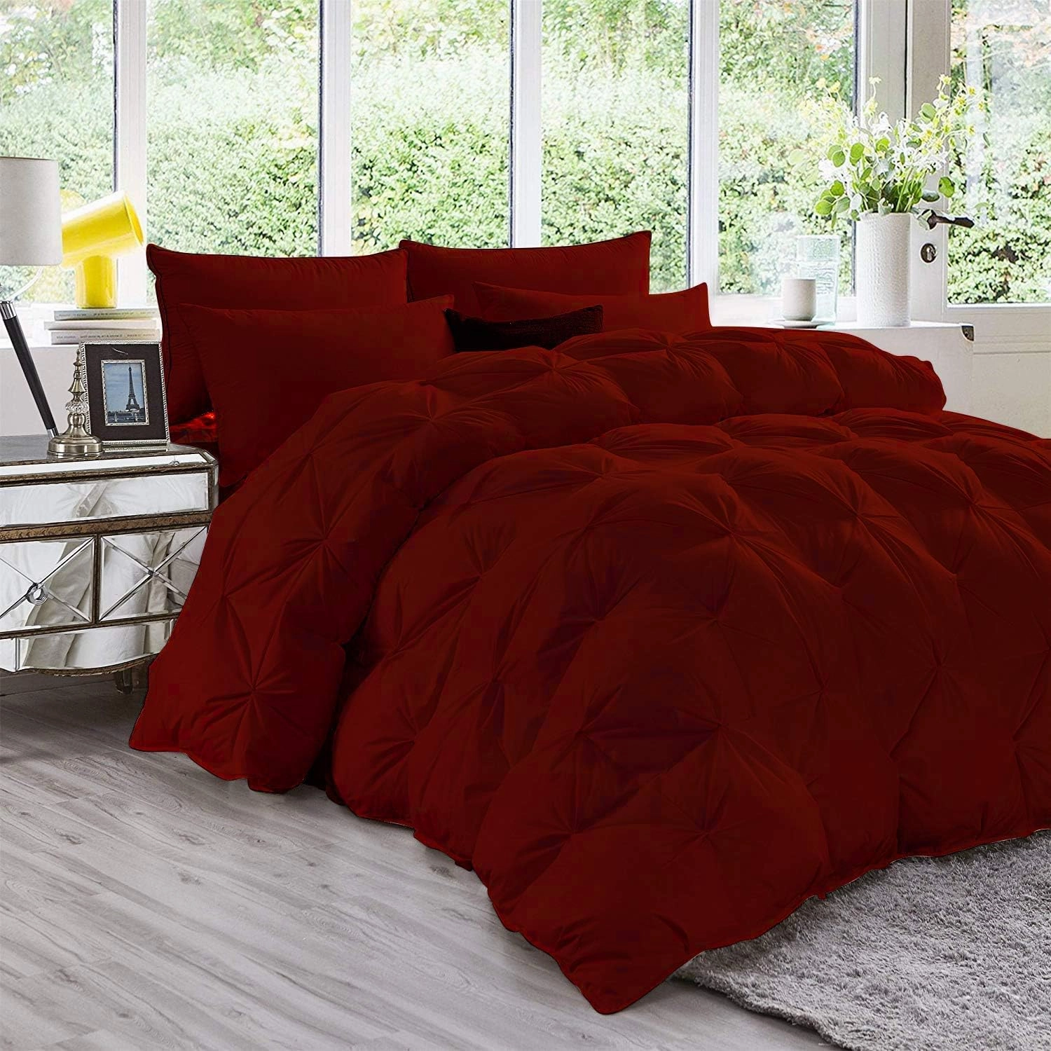 Burgundy Pinch Pleat Comforter Set Oversized Queen 400 GSM 3 Piece (Comforter   2 Pillowcases) Egyptian Cotton Oversized Queen Size Bed in a Bag Comforter Set