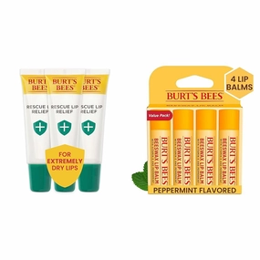 Burt's Bees Rescue Lip Relief Lip Balm 3 Tubes 0.35 oz & Beeswax Lip Balm Mothers Day Gifts 4 Tubes 0.15 oz