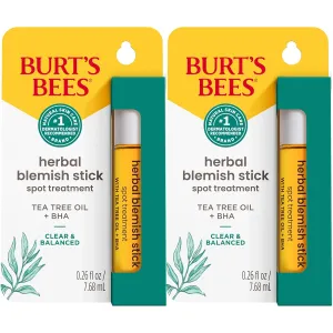 Burt’s Bees Clear and Balanced Herbal Blemish Stick, with Tea Tree Oil, On-the-Go Blemish Care, Unclogs Pores, Use with Skincare Products, 2-Pack, 0.26 fl. oz.
