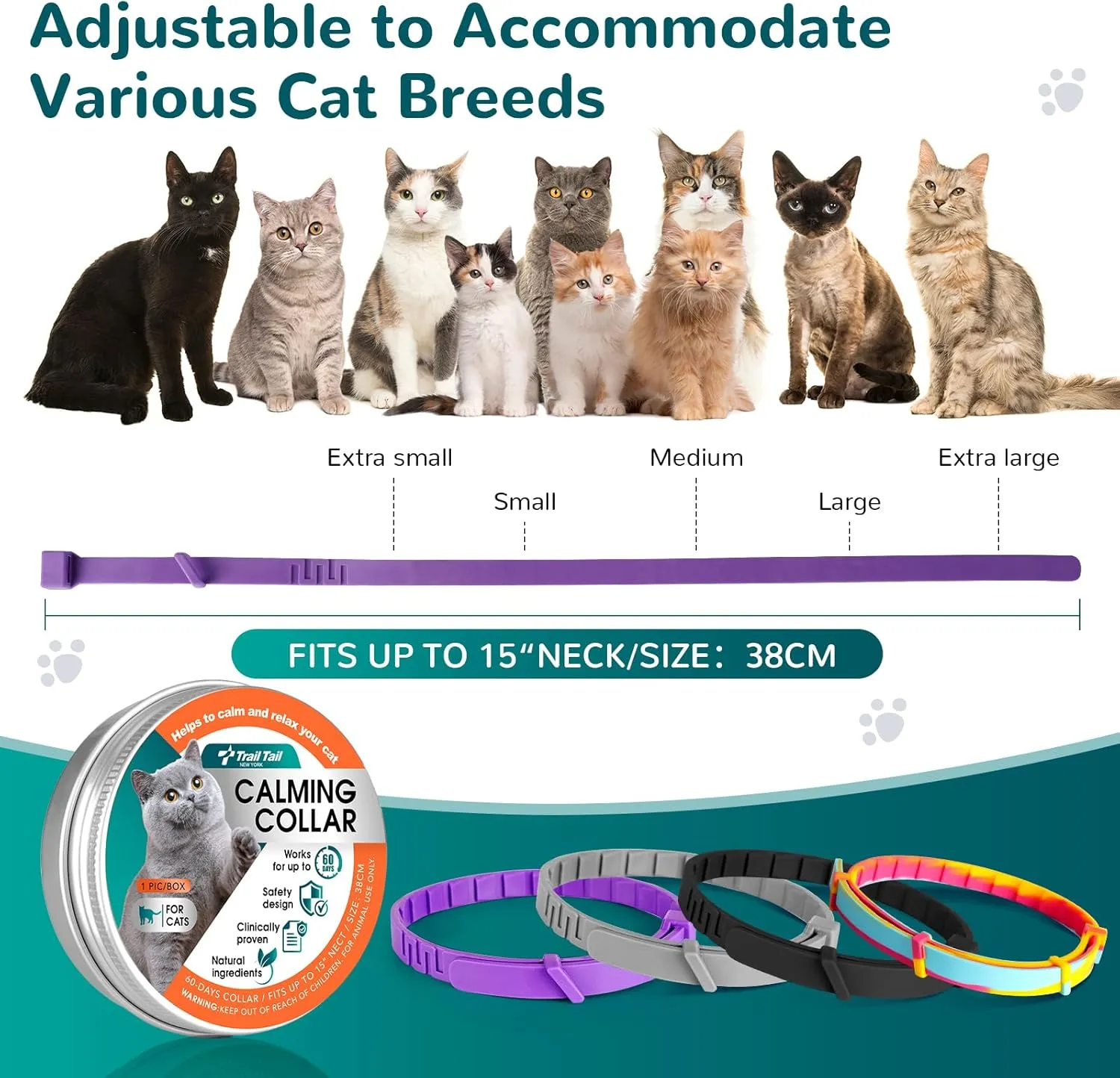 Calming Collar for Cats, Pheromone Collar for Cat Anxiety Relief, 60 Days Adjustable Waterproof TPE, Cat Calming Collars Helps Calm During Loud Noises and Separation (Rainbow, 2 Pack)