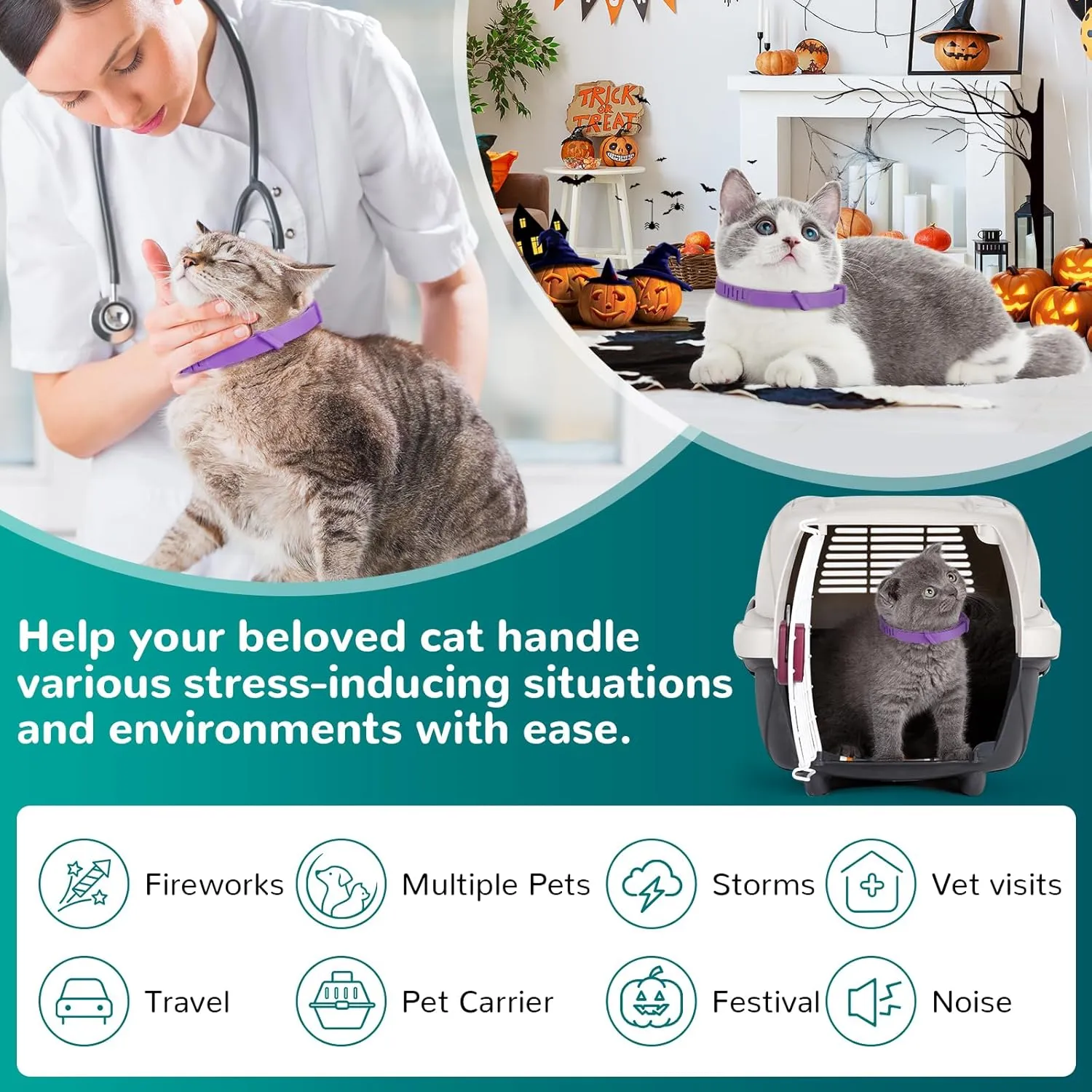 Calming Collar for Cats, Pheromone Collar for Cat Anxiety Relief, 60 Days Adjustable Waterproof TPE, Cat Calming Collars Helps Calm During Loud Noises and Separation (Rainbow, 2 Pack)
