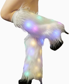 CanB White Faux Fur Leg Warmers Light Up Rave LED Leg Cover 80s Winter Furry Long Boot Covers Sexy Fun Dance Hosiery for Women