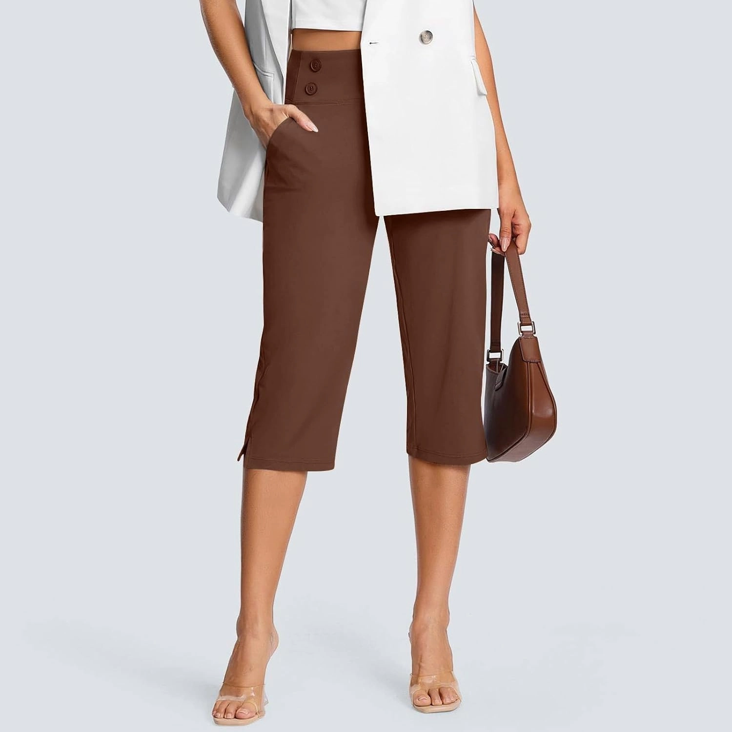 Capri Pants for Women Summer Trendy Straight Leg High Waisted Capris 2025 Elastic Business Casual Bottoms with Pocket