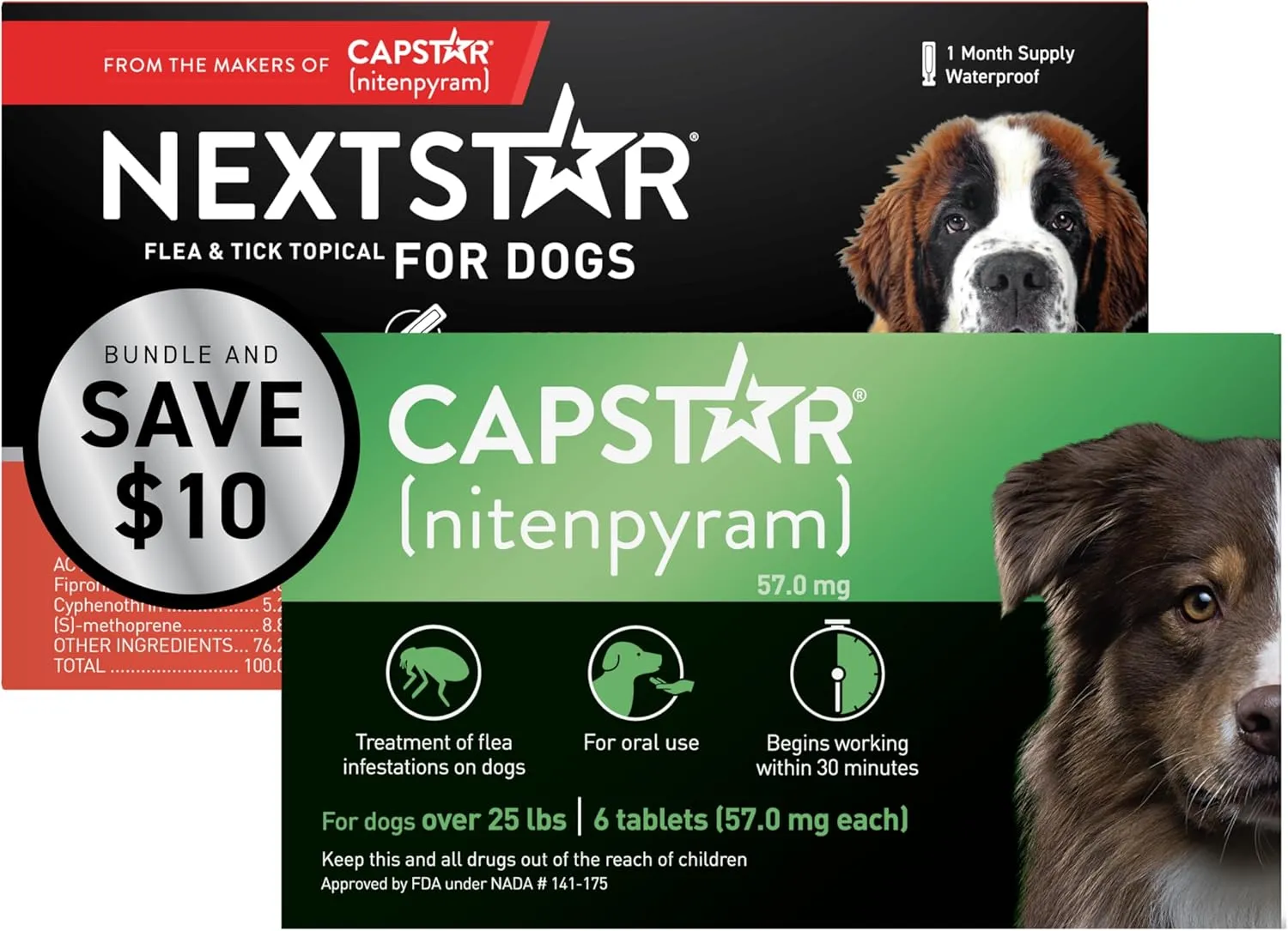 CAPSTAR Flea Treatment for Dogs Over 25 lbs (6 Doses)   NEXTSTAR Flea and Tick Prevention for Dogs 89-132 lbs (1 Dose) Bundle