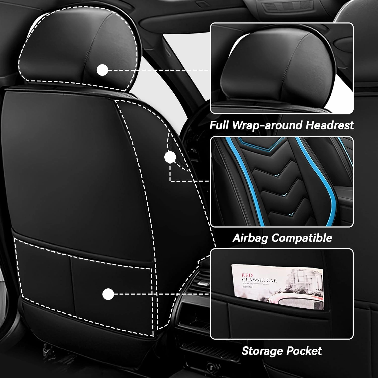 Car Seat Covers for Volkswagen Atlas 2018-2025, Waterproof Nappa Leather Seat Cover, Anti-Slip Car Seat Covers, Airbag Compatible, Automobile Seat Covers Sets.(Standard 5 Seats/Blue)