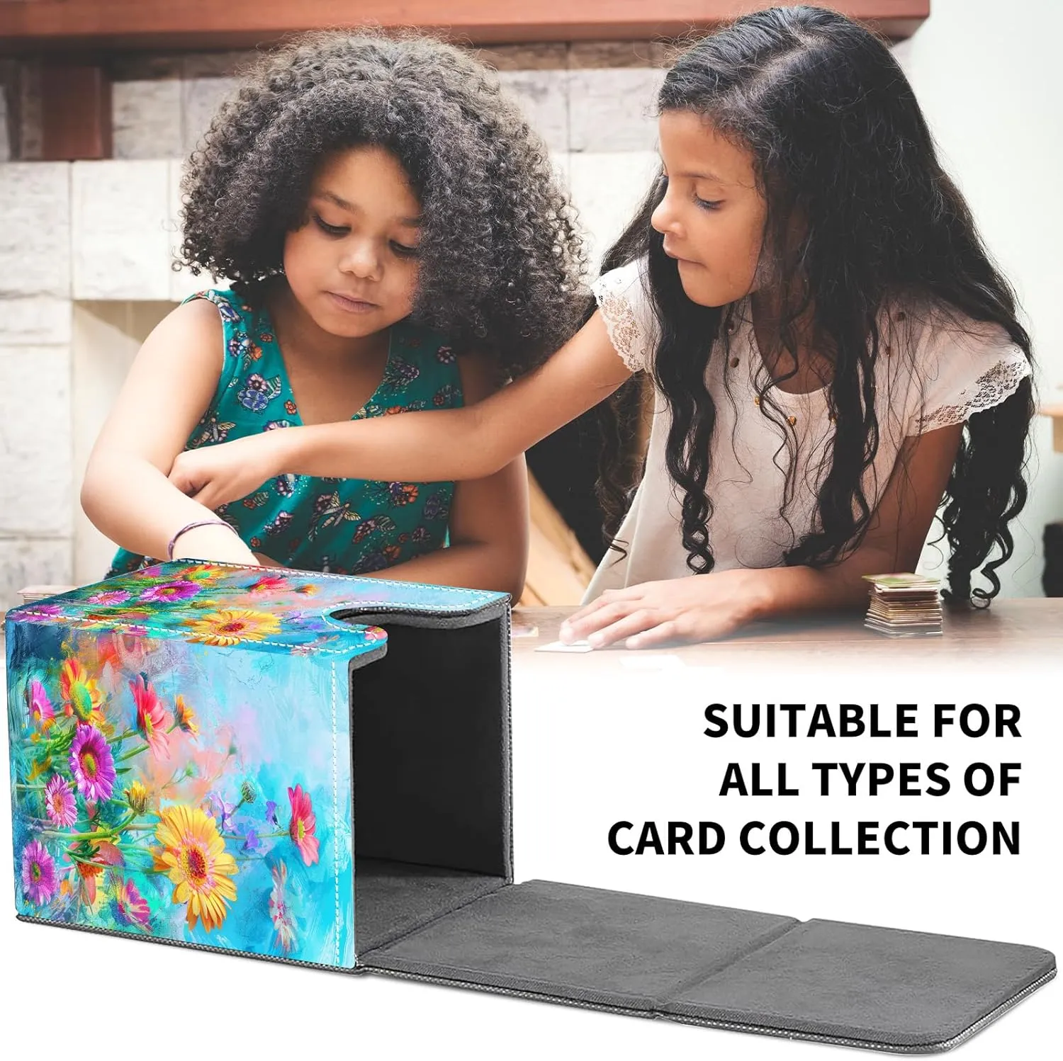 Card Deck Box for MTG Trading Cards, Magic Card Box Can Hold 110  Single Sleeved Cards, Waterproof PU Leather Material, Strong Magnetic Buckle Card Set Box Suitable for TCG CCG, Colorful Wildflower