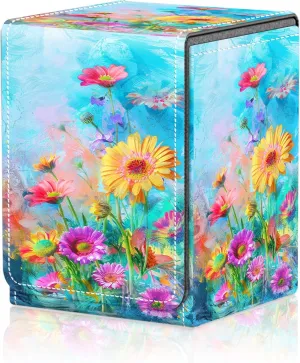 Card Deck Box for MTG Trading Cards, Magic Card Box Can Hold 110  Single Sleeved Cards, Waterproof PU Leather Material, Strong Magnetic Buckle Card Set Box Suitable for TCG CCG, Colorful Wildflower
