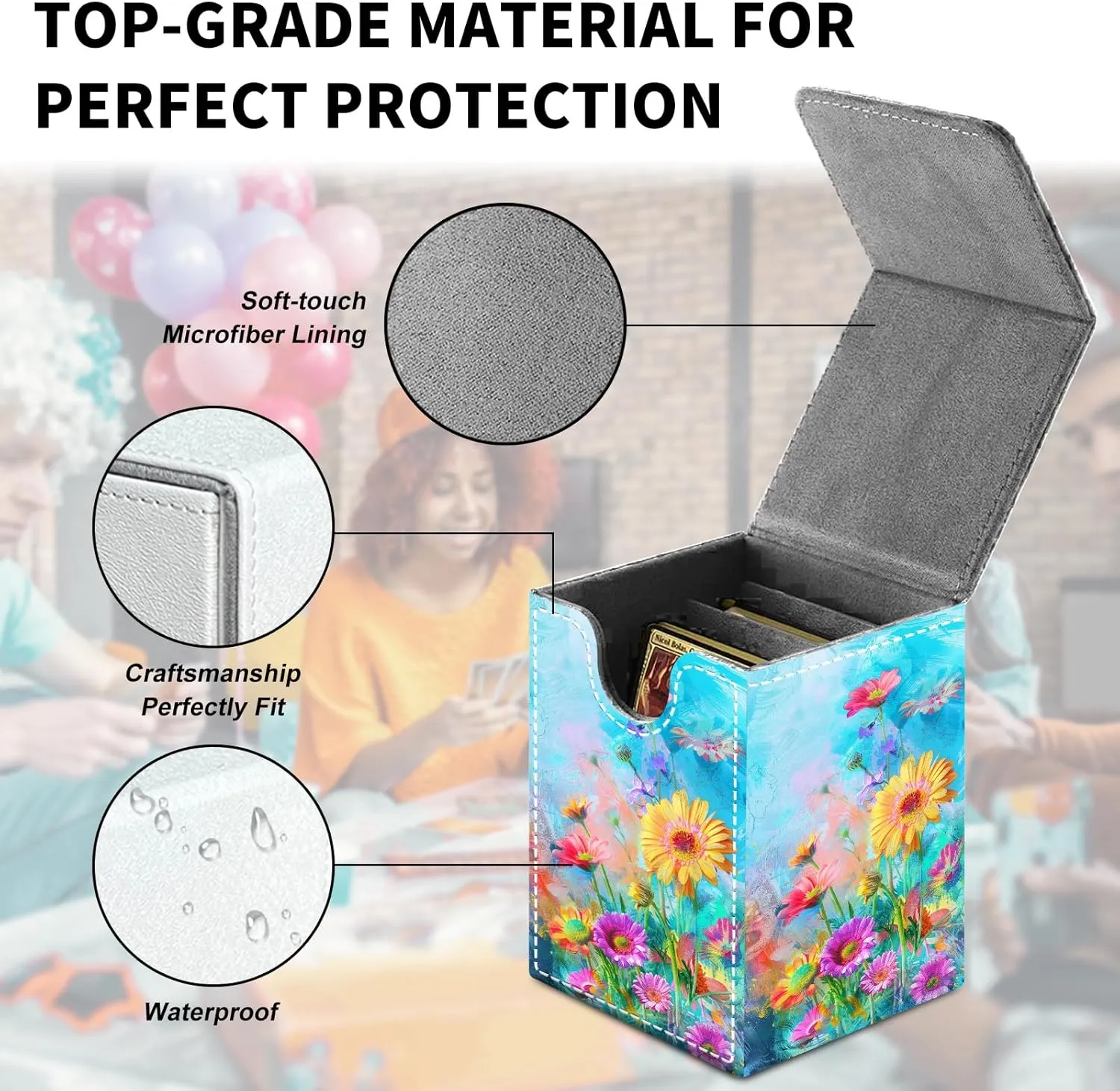 Card Deck Box for MTG Trading Cards, Magic Card Box Can Hold 110  Single Sleeved Cards, Waterproof PU Leather Material, Strong Magnetic Buckle Card Set Box Suitable for TCG CCG, Colorful Wildflower